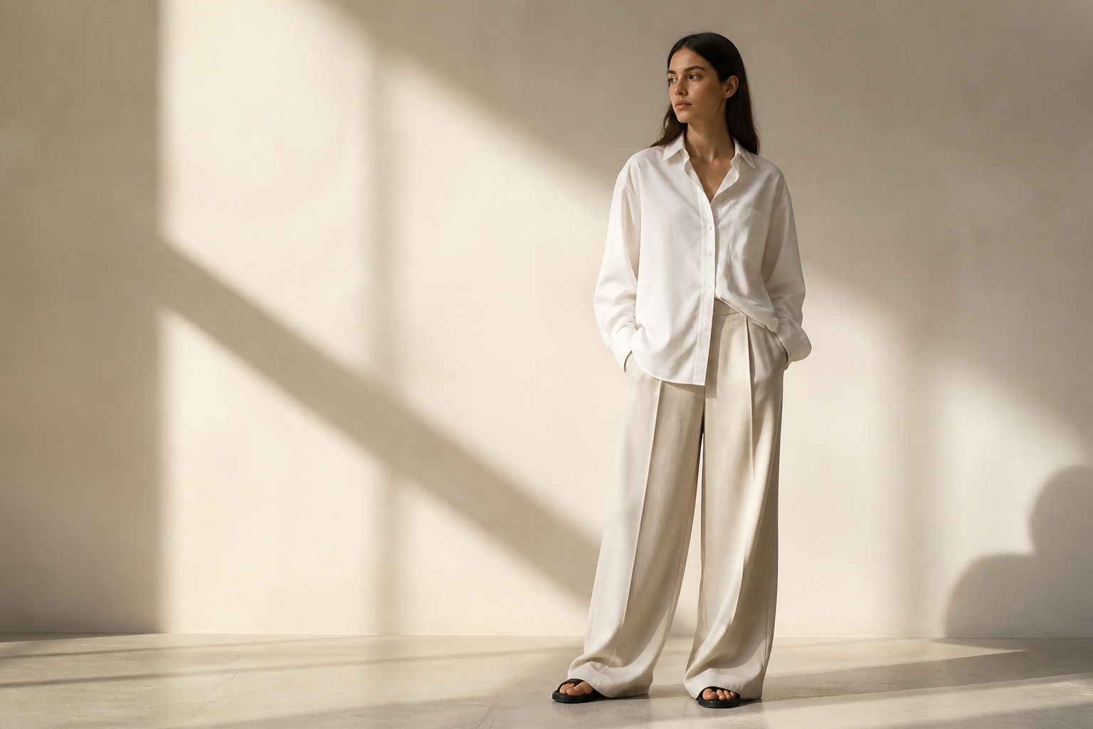 Model wearing a white poplin shirt and tailored trousers from the BY NOY SHOU collection